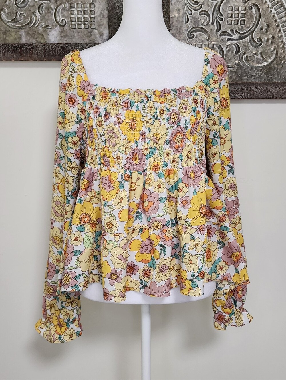 Derek Heart Floral Smocked Garden Girl Longsleeve Feminine Babydoll Blouse XL